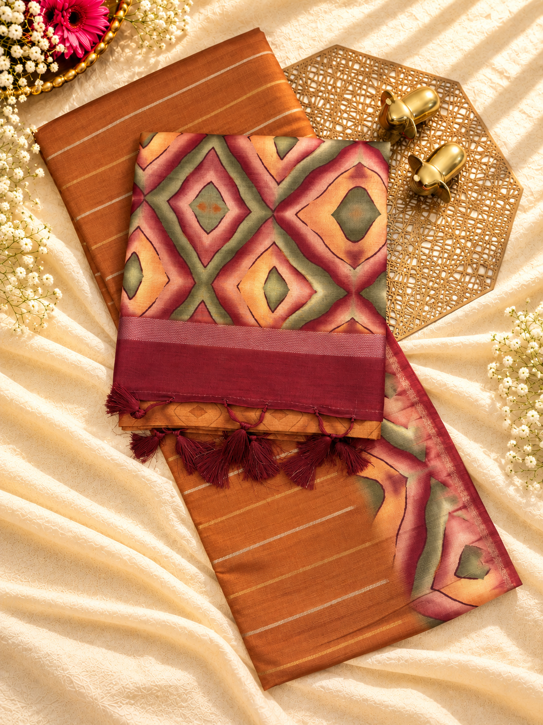 Soft Semi Tussar Sarees with Digital Prints - Honey Brown with Maroon