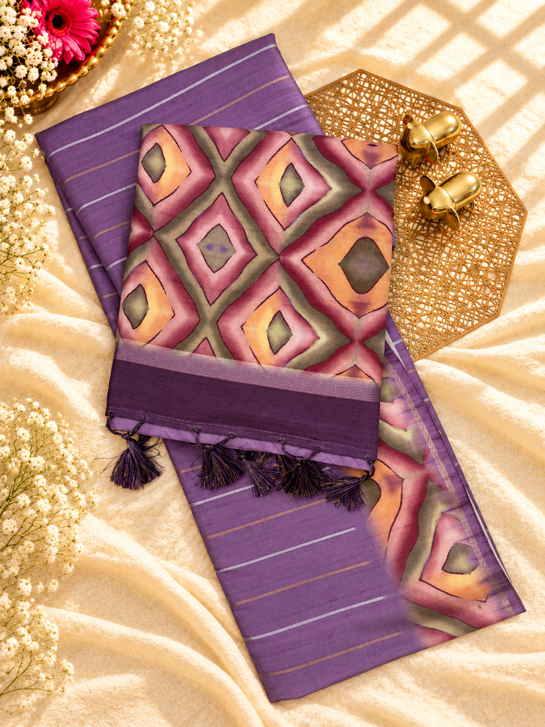 Soft Semi Tussar Sarees with Digital Prints - Lavender with Purple