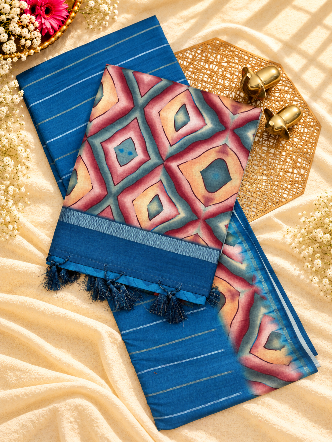 Soft Semi Tussar Sarees with Digital Prints - Blue with Peacock Blue