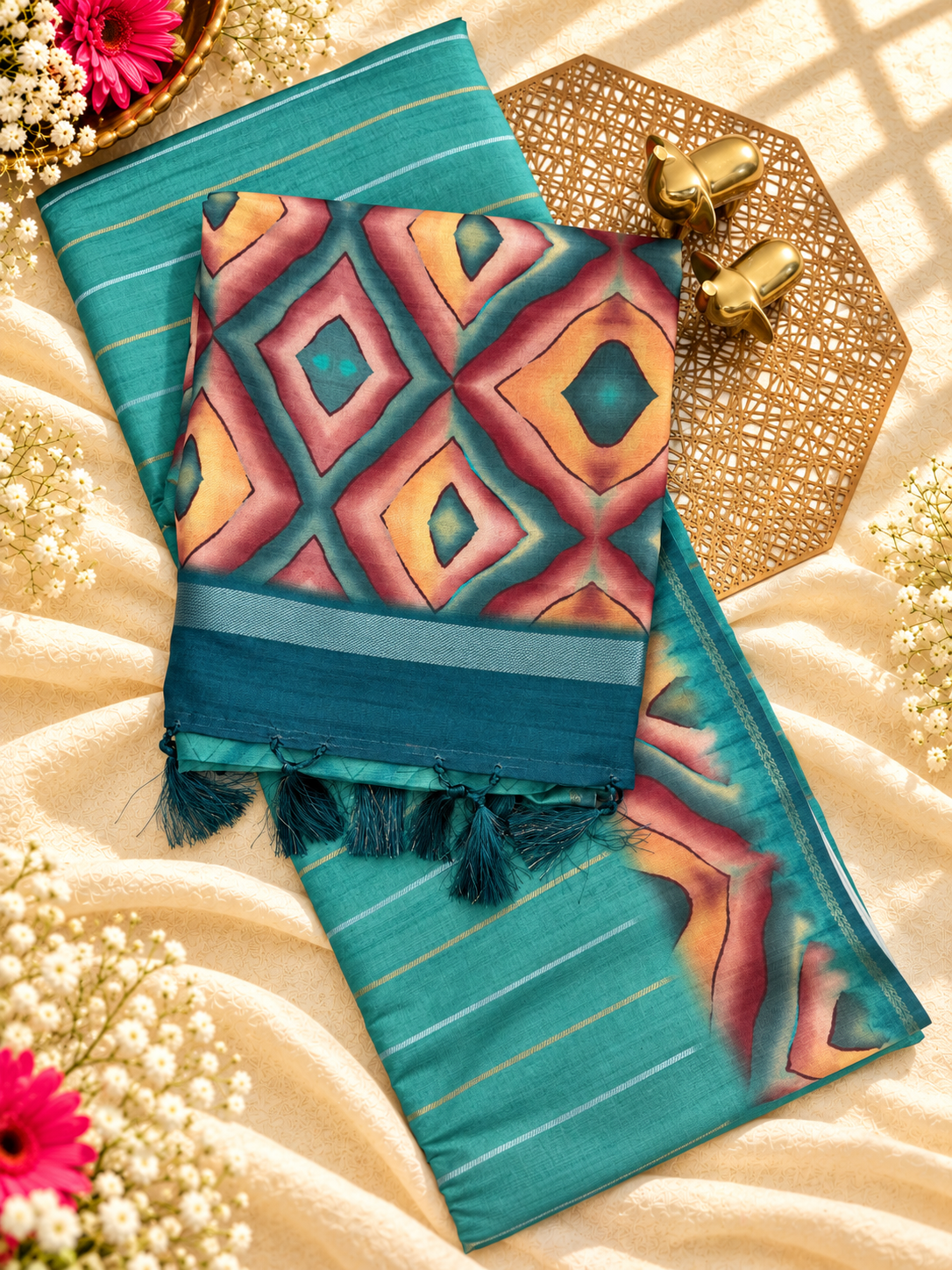Soft Semi Tussar Sarees with Digital Prints - Sea Green with Dark Rama Green