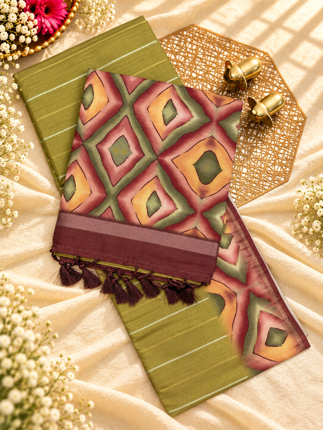 Soft Semi Tussar Sarees with Digital Prints - Mehndi Green with Brown