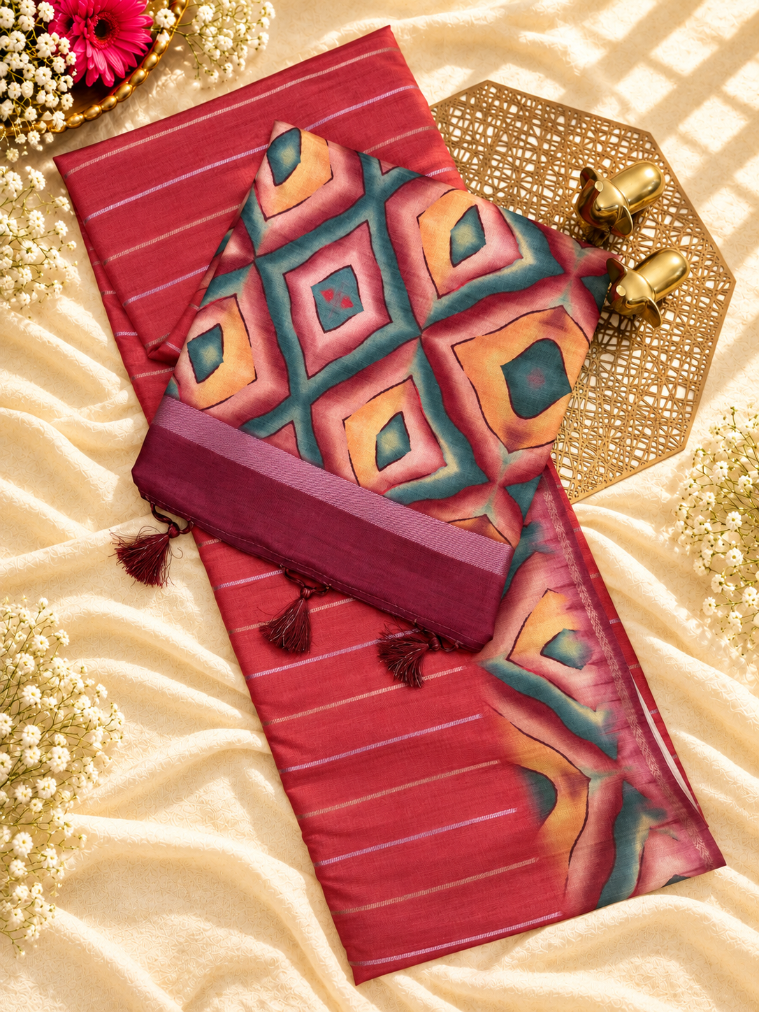 Soft Semi Tussar Sarees with Digital Prints -Reddish Pink with Maroon