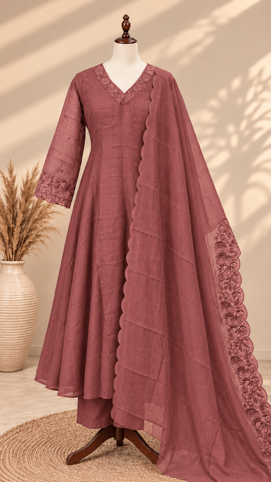 Premium Mul Chanderi 3 pcs Salwar Suit -  Dark Rusty Rose
