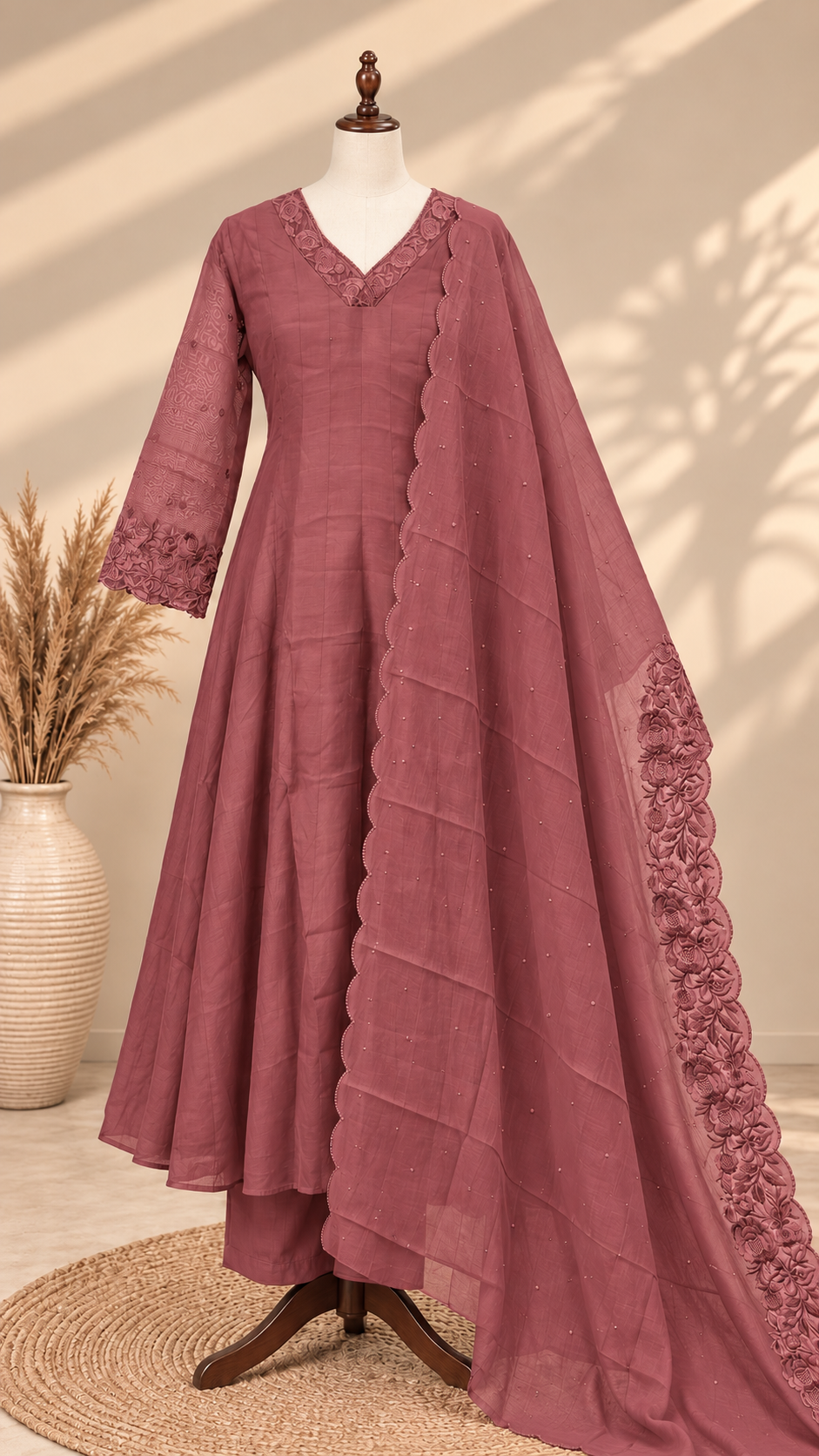 Premium Mul Chanderi 3 pcs Salwar Suit -  Dark Rusty Rose