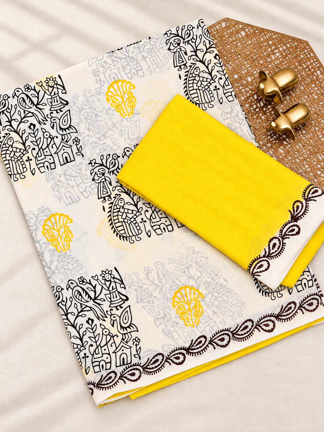 Pure Cotton with Hand Block Prints - White with Yellow
