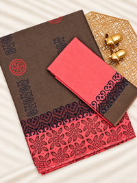 Pure Cotton with Hand Block Prints -  Dark Beige with Dark Peach