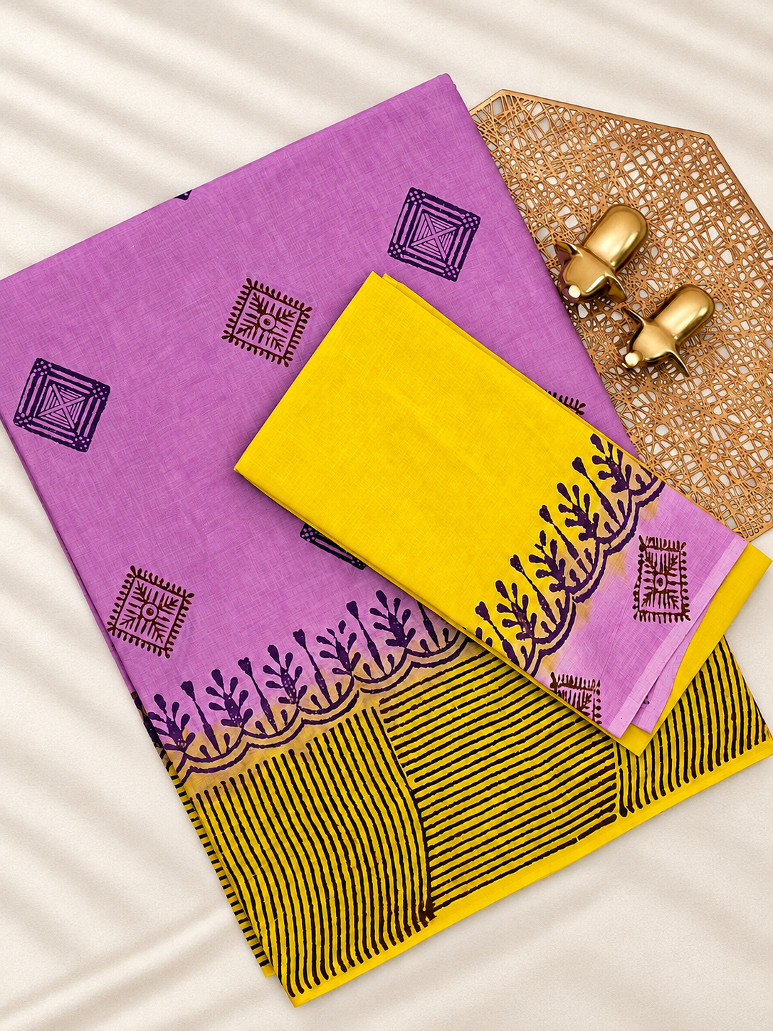 Pure Cotton with Hand Block Prints - Purple with Yellow