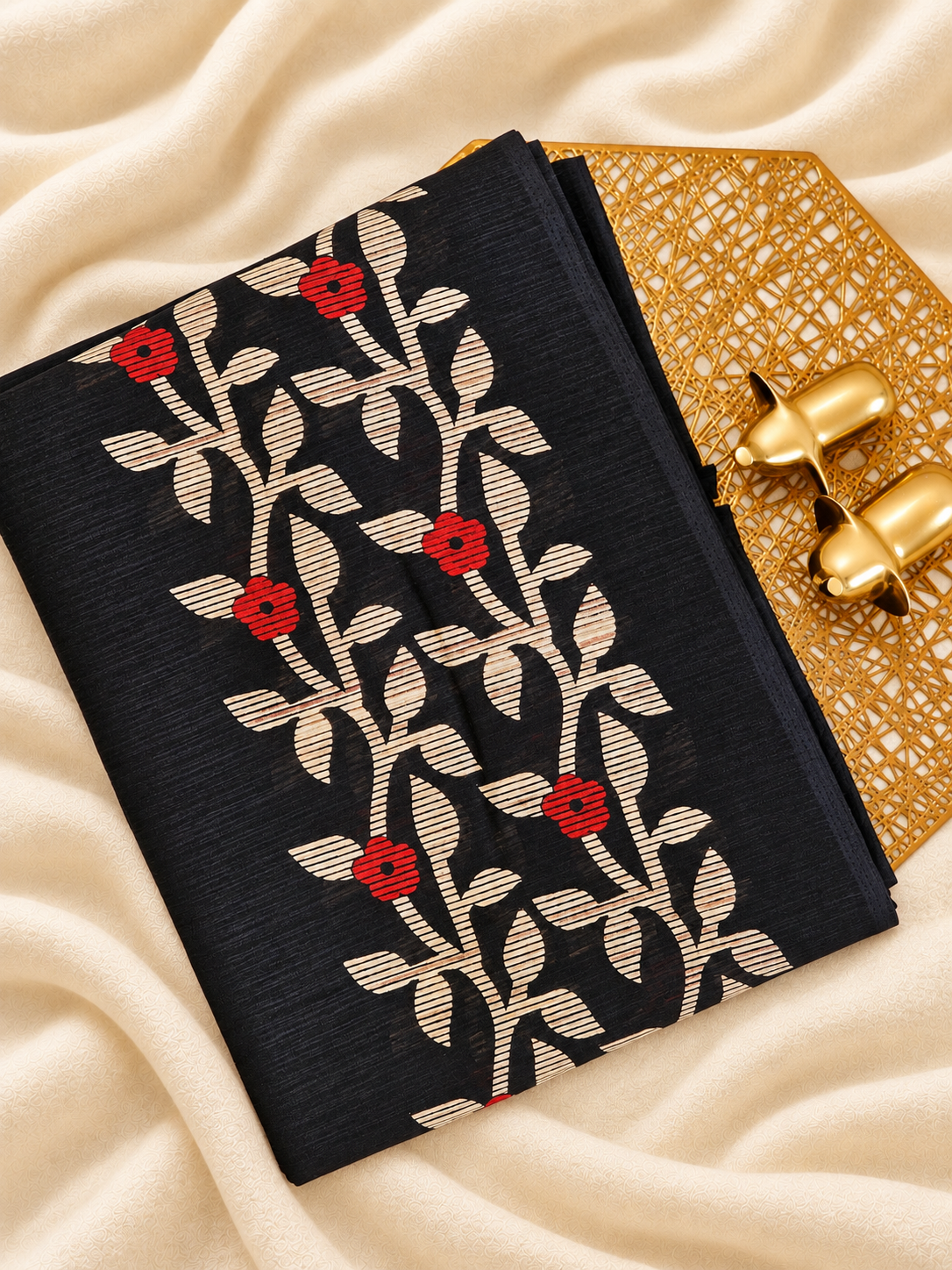 Casual Semi Tussar with Floral Border - Black