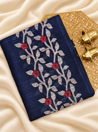 Casual Semi Tussar with Floral Border - Dark Blue