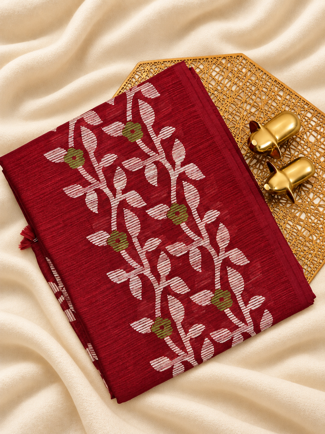 Casual Semi Tussar with Floral Border - Maroon