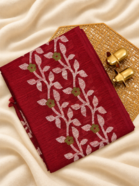 Casual Semi Tussar with Floral Border - Maroon