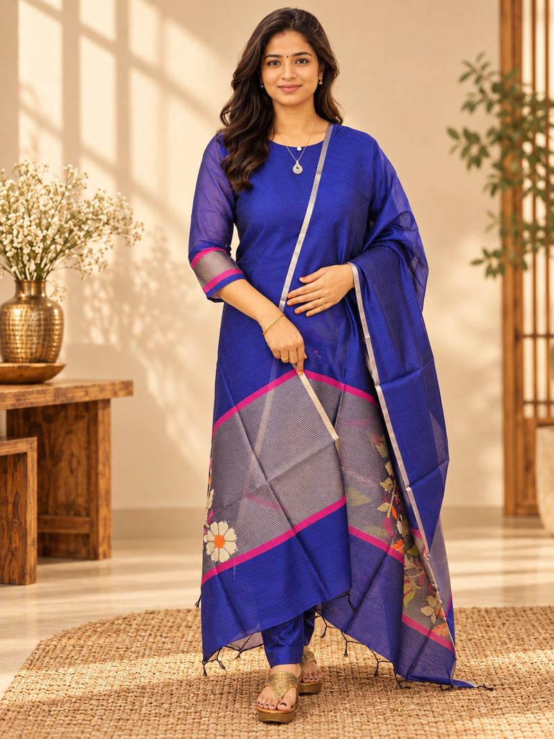 Raw Silk Stitched Salwar Set –  Blue