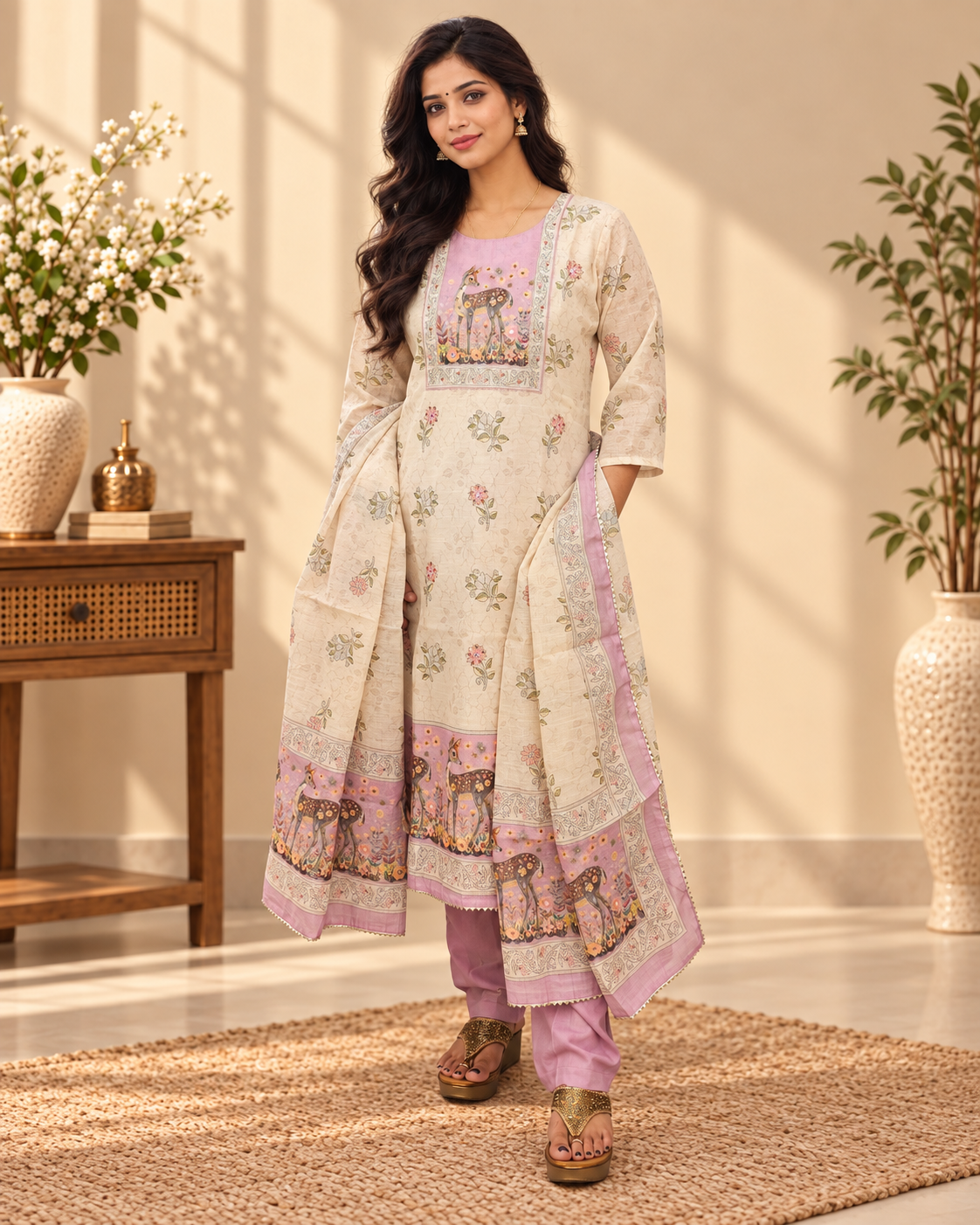 Semi Tussar Stitched Salwar Set –  Cream with Lavender