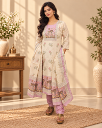 Semi Tussar Stitched Salwar Set –  Cream with Lavender