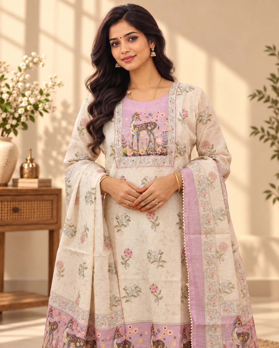 Semi Tussar Stitched Salwar Set –  Cream with Lavender