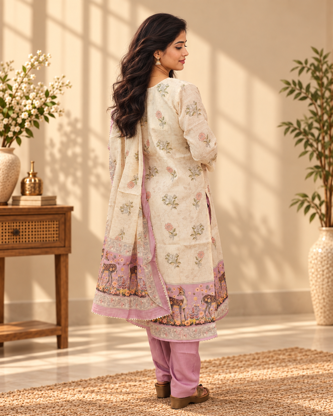 Semi Tussar Stitched Salwar Set –  Cream with Lavender