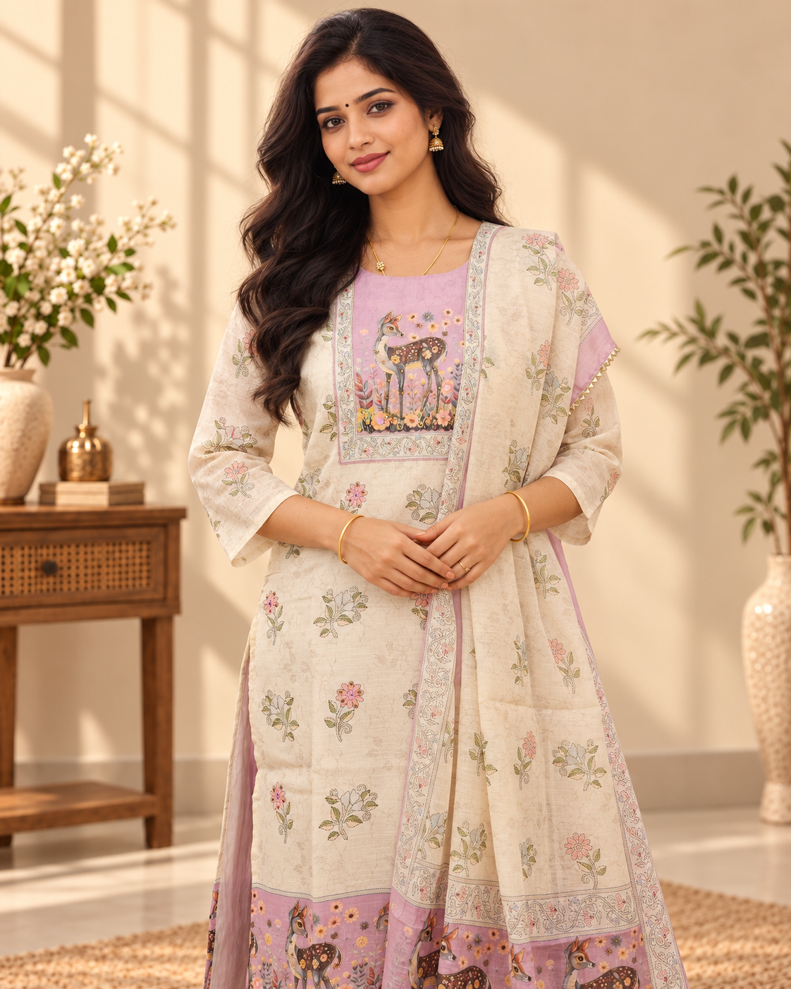 Semi Tussar Stitched Salwar Set –  Cream with Lavender