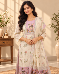 Semi Tussar Stitched Salwar Set –  Cream with Lavender