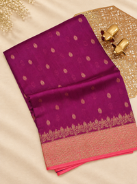 Jute Banarasi Silk Saree - Dark Magenta Pink with Peach