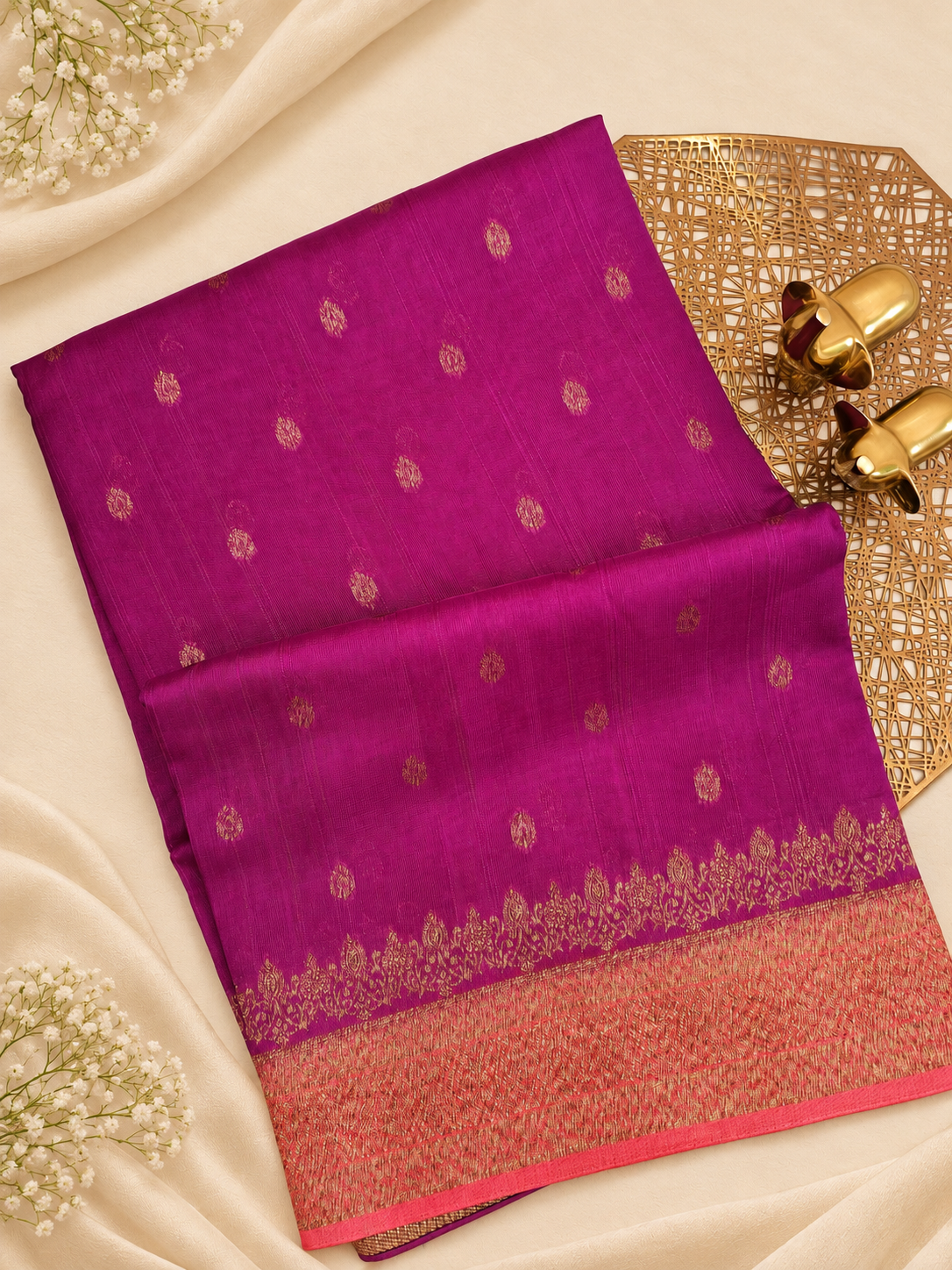 Jute Banarasi Silk Saree - Light Magenta Pink with Peach