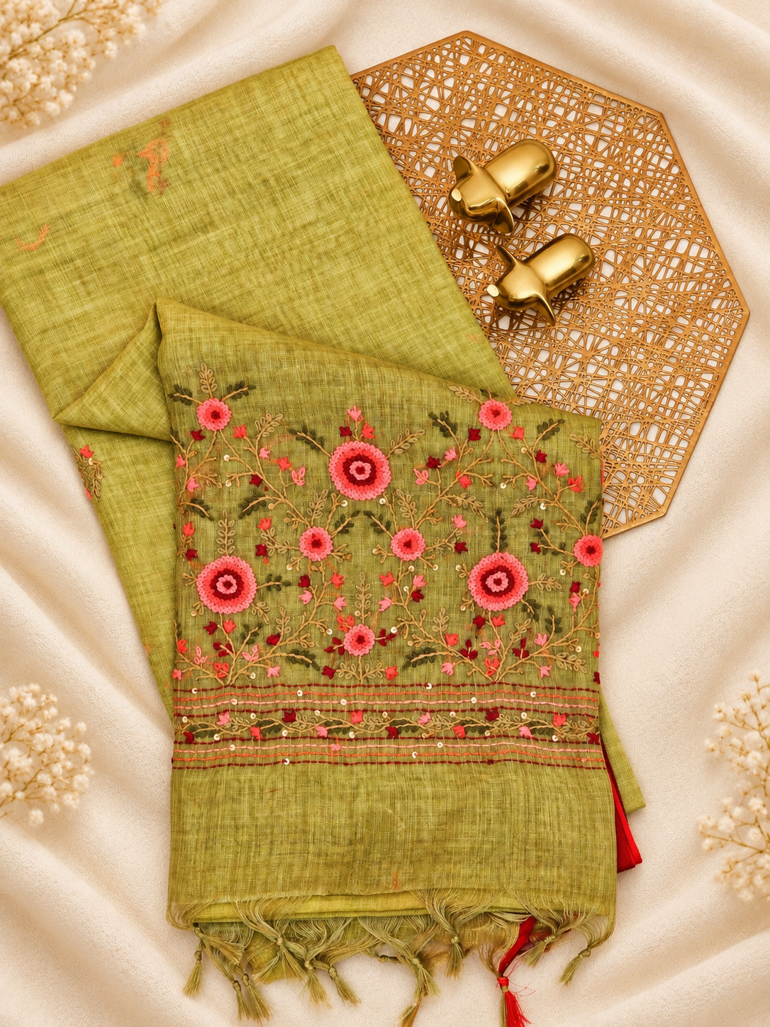 Linen Tissue with Embroidery  Work - Green