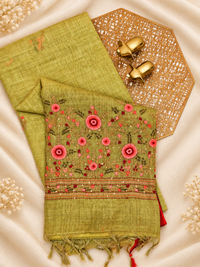 Linen Tissue with Embroidery  Work - Green