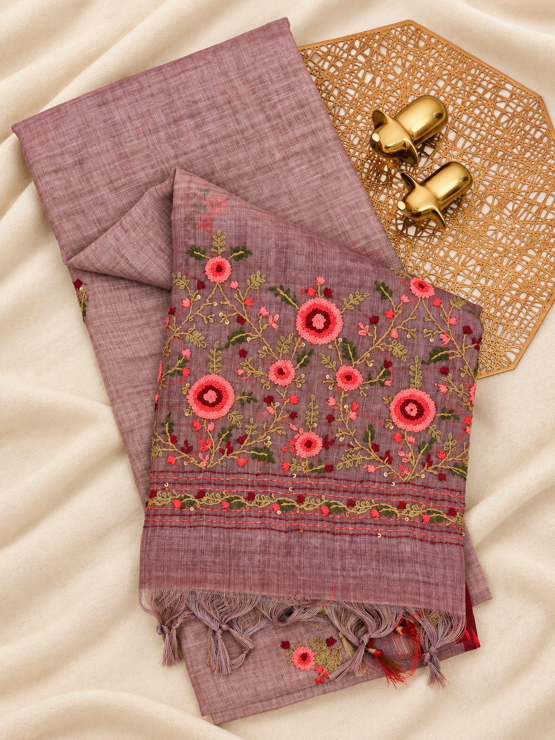 Linen Tissue with Embroidery  Work - Lavender