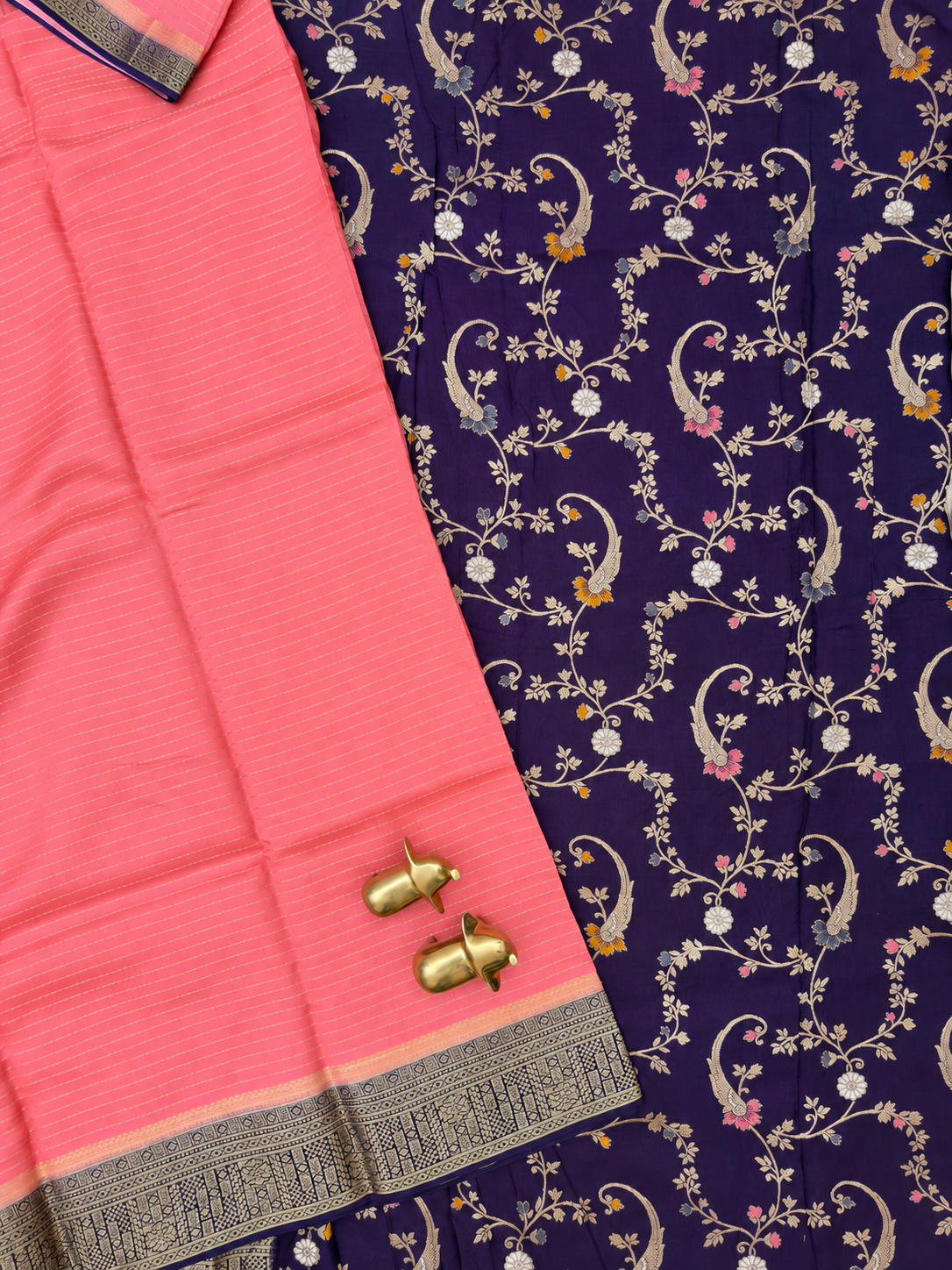 Semi Kathan Silk Saree - Peach with Blue