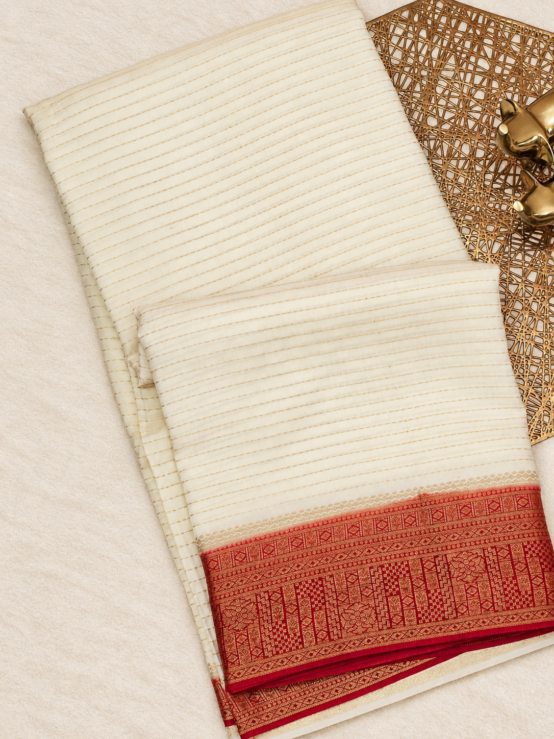 Semi Kathan Silk Saree - Off White with Red