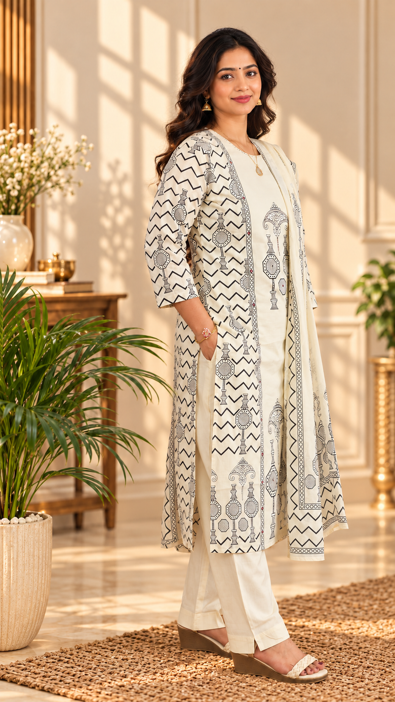 Premium 3 Pcs Mul Cotton Aline kurti with bottom and Dupatta - Cream with Black
