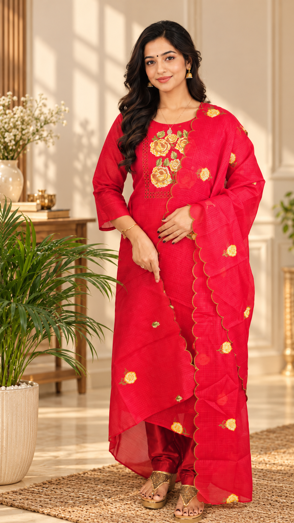 Premium 3 Pcs Semi Tussar Kota Stitched Salwar Set – Dark Red