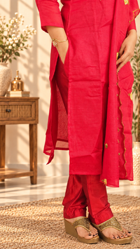 Premium 3 Pcs Semi Tussar Kota Stitched Salwar Set – Dark Red