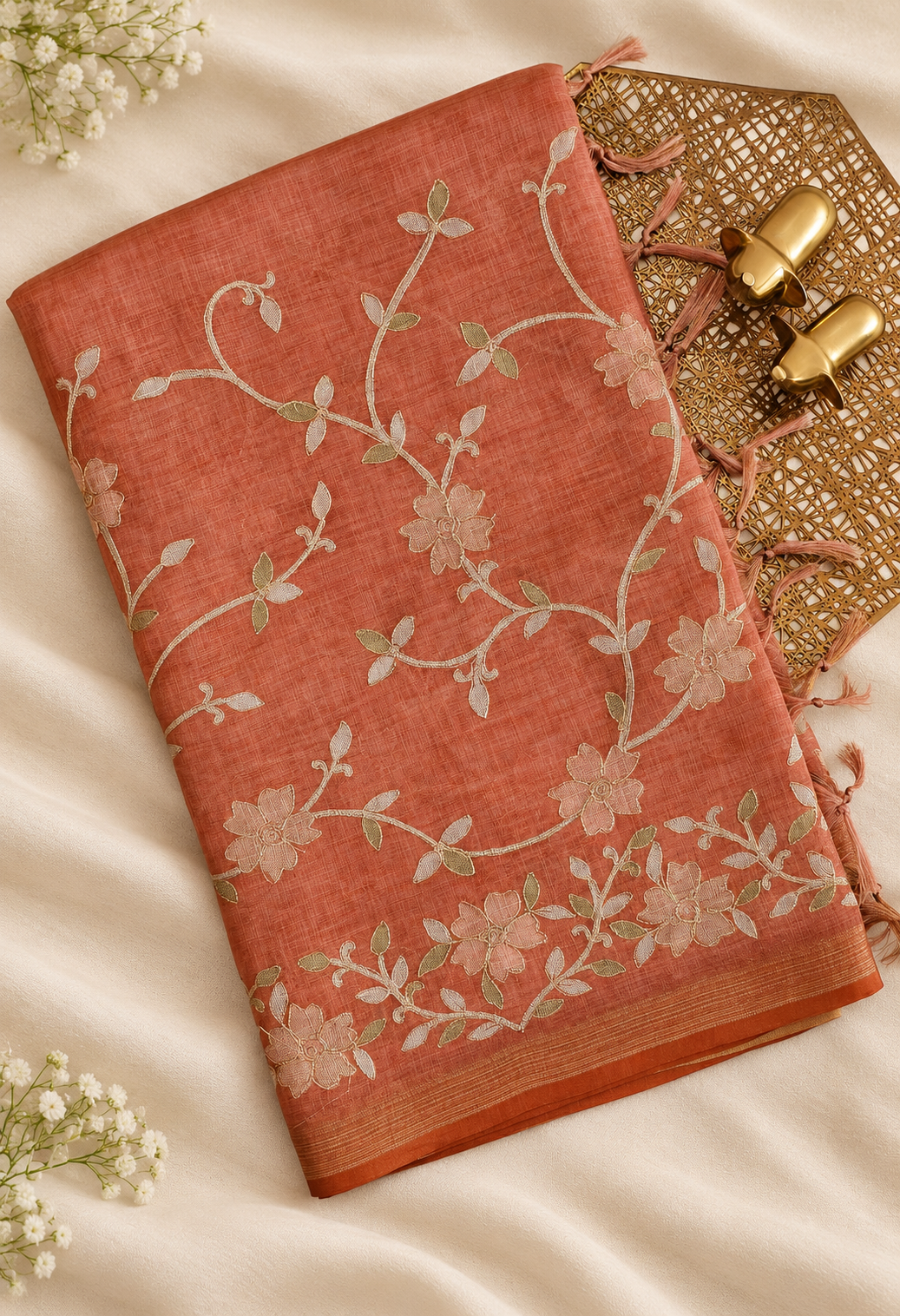 Linen Tissue with Aari Work - Orange