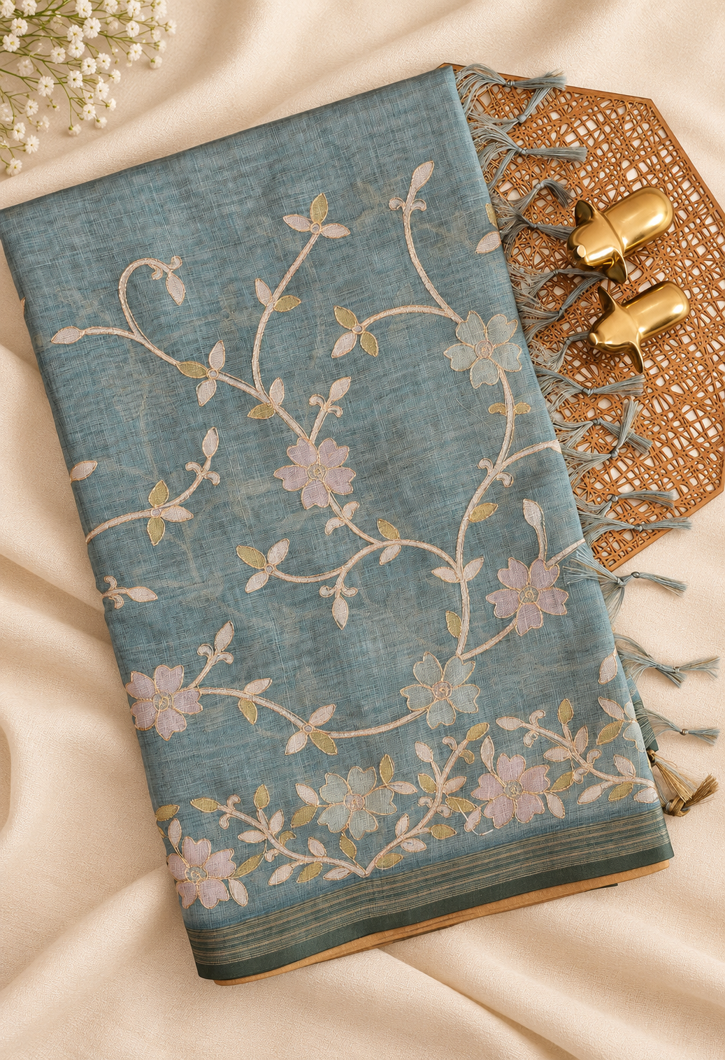 Linen Tissue with Aari Work - Aqua Blue