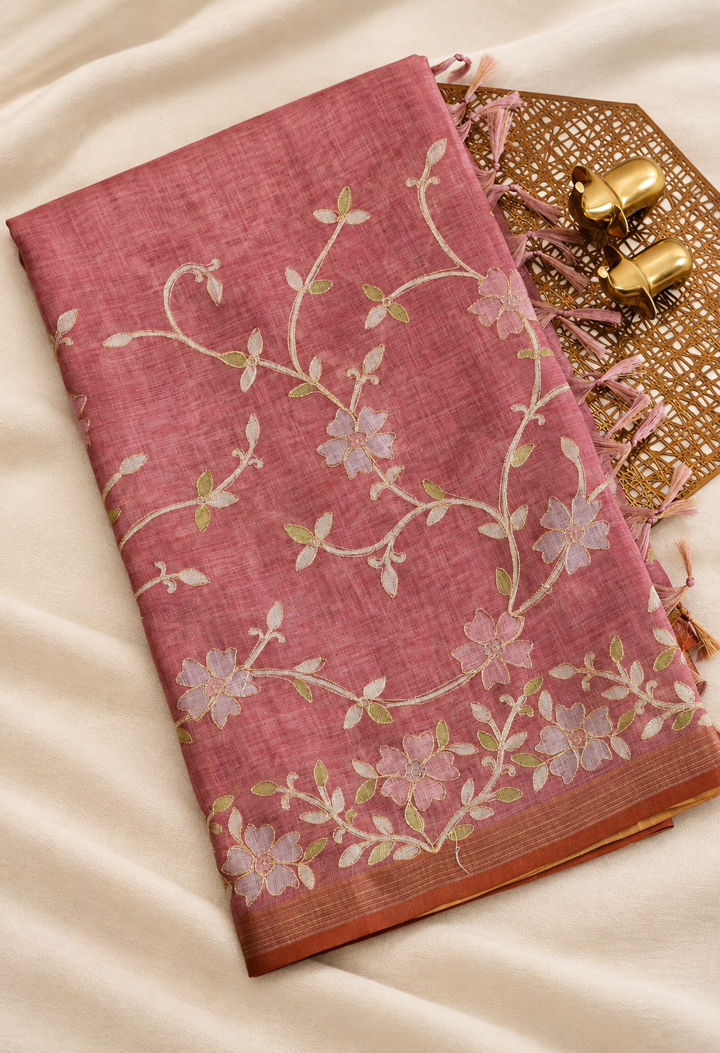 Linen Tissue with Aari Work - Rose Pink