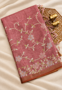 Linen Tissue with Aari Work - Rose Pink