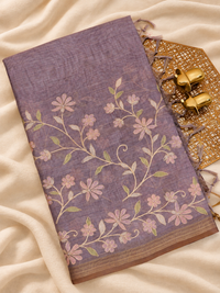 Linen Tissue with Aari Work - Smoky Blue- Lavender