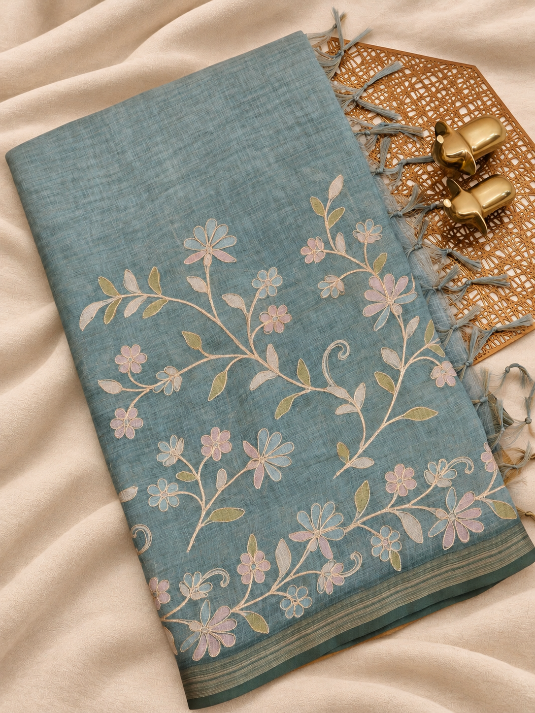 Linen Tissue with Aari Work - Smoky Blue - Blue