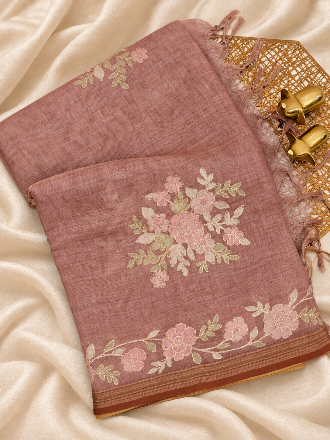 Linen Tissue with Aari Work - Smoky Blue - Onion Pink