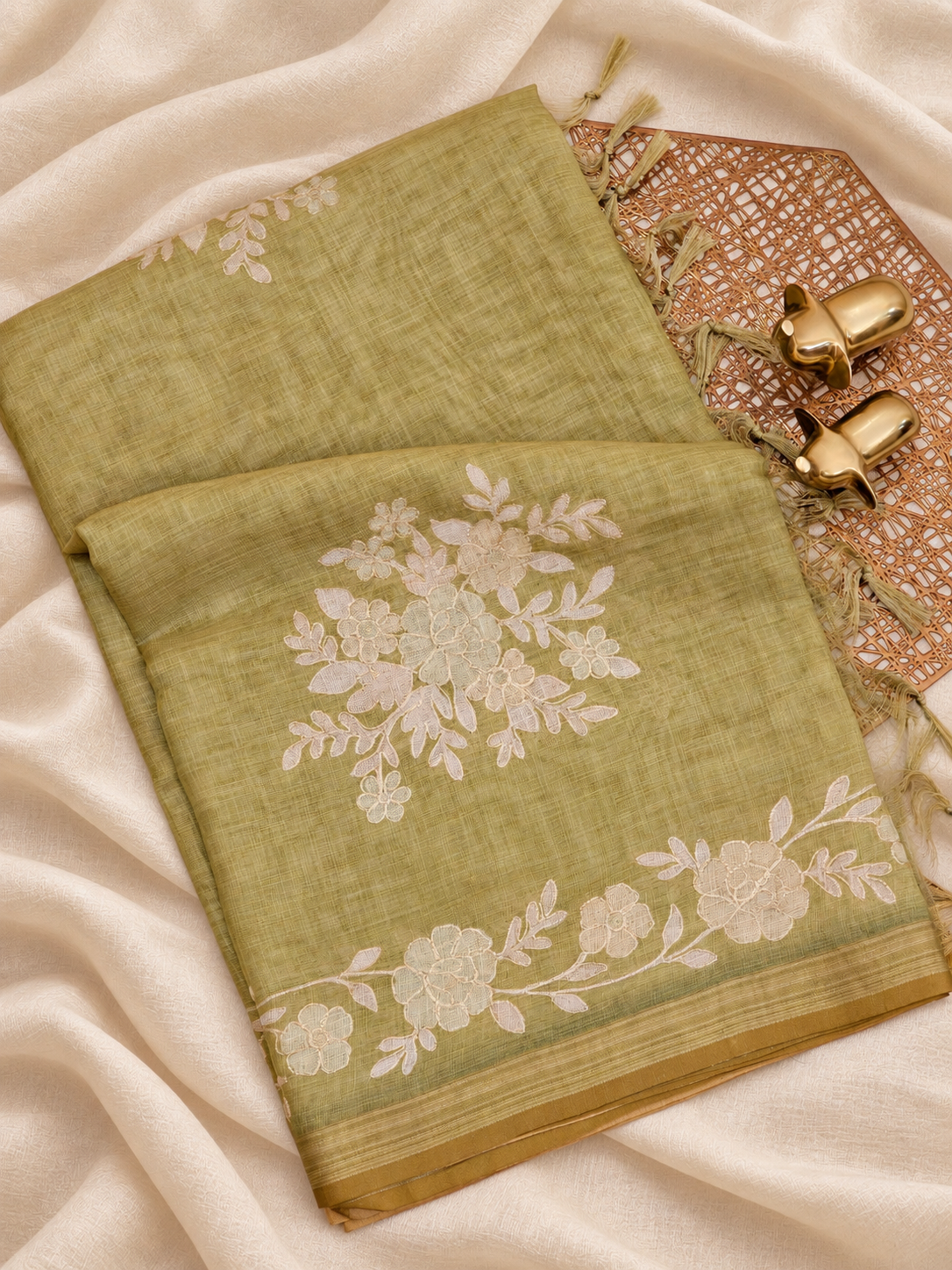 Linen Tissue with Aari Work - Green