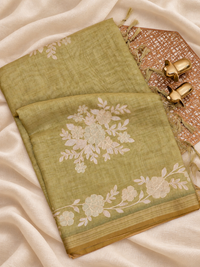 Linen Tissue with Aari Work - Green