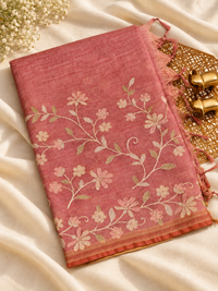 Linen Tissue with Aari Work - Smoky Blue - Pink