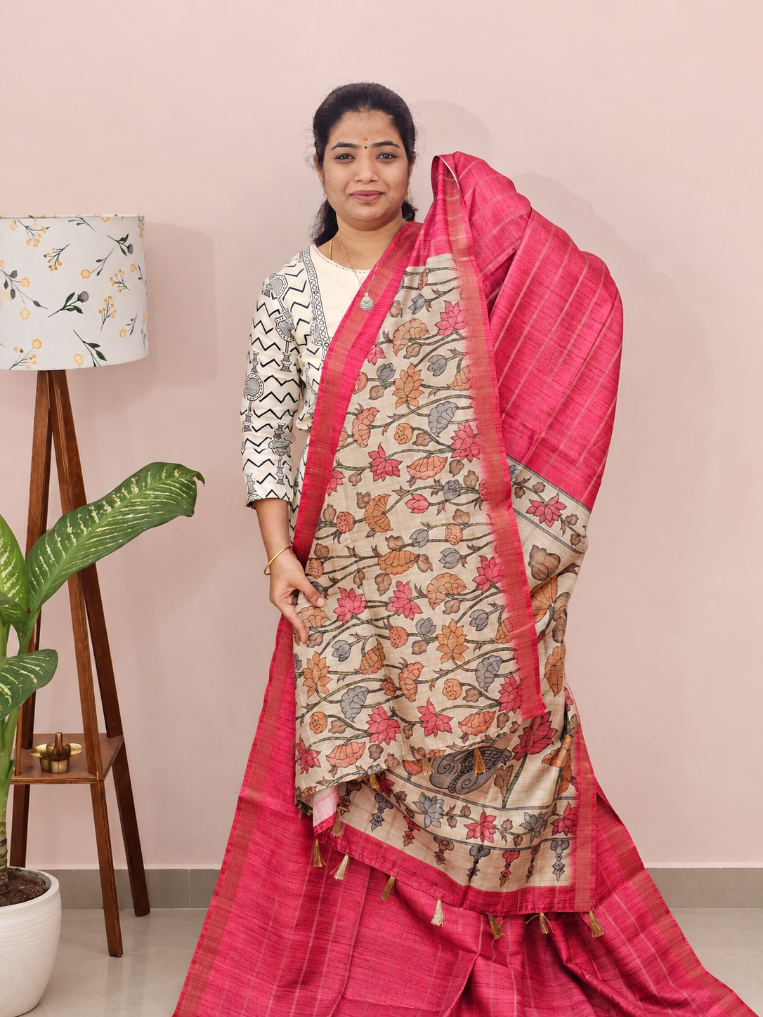Soft Semi Tussar Checks Weaving with Kalamkari - Pink