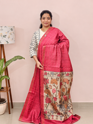 Soft Semi Tussar Checks Weaving with Kalamkari - Pink