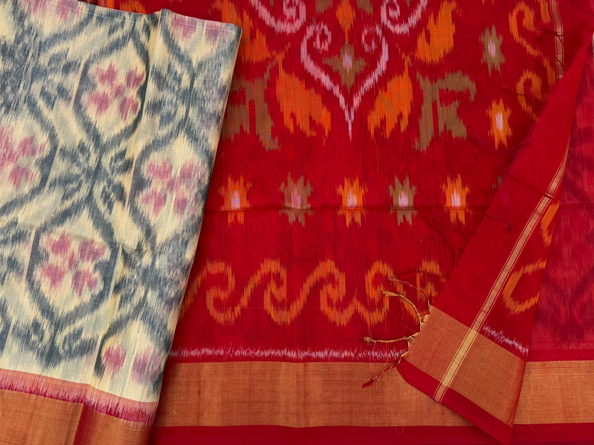 Off white with Red  Pochampally Ikkat Silk Cotton (SICO Pattu)