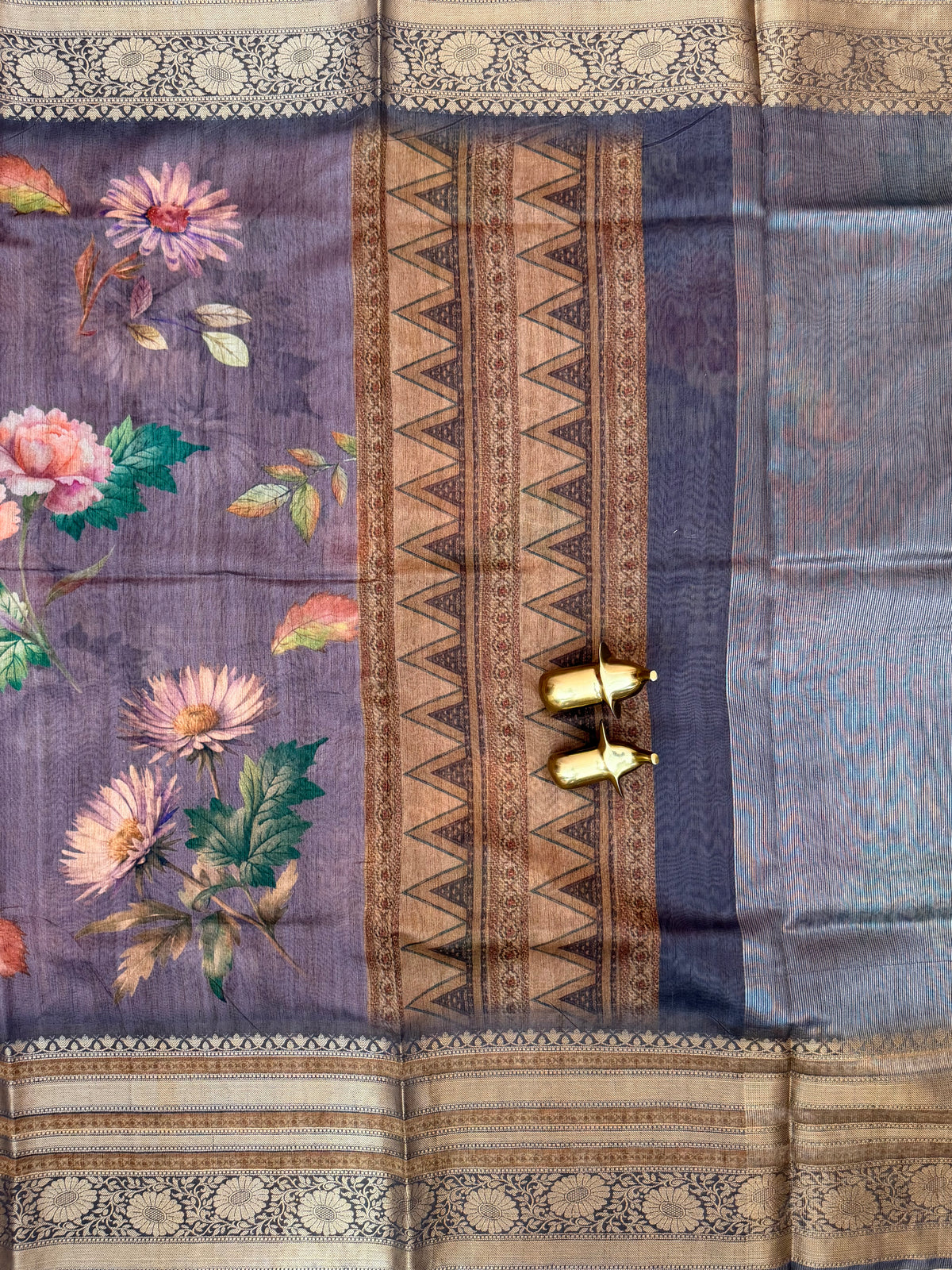 Unique Semi Tussar with Zari Border and Digital Prints - Dark Purple