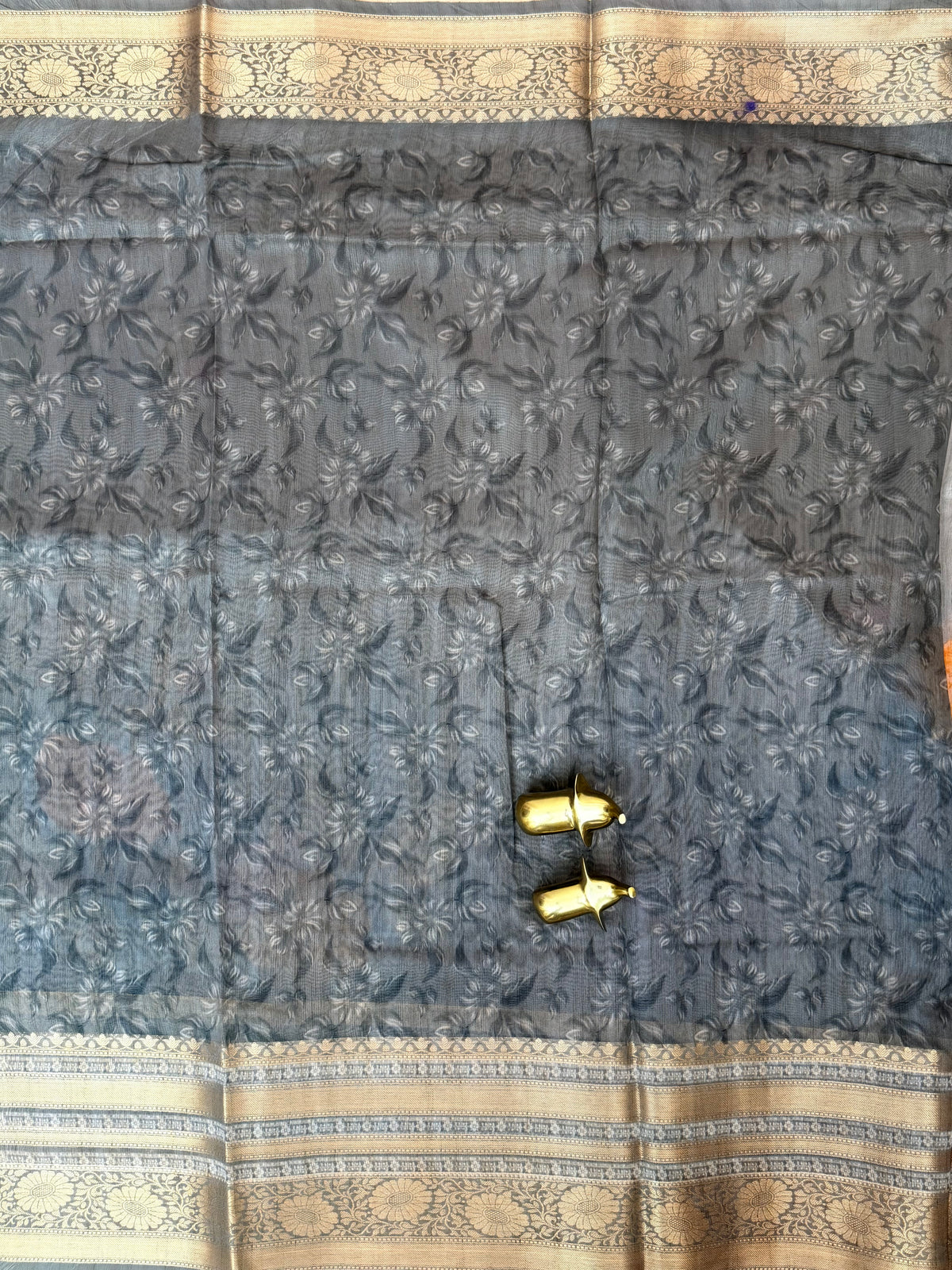 Unique Semi Tussar with Zari Border and Digital Prints - Grey