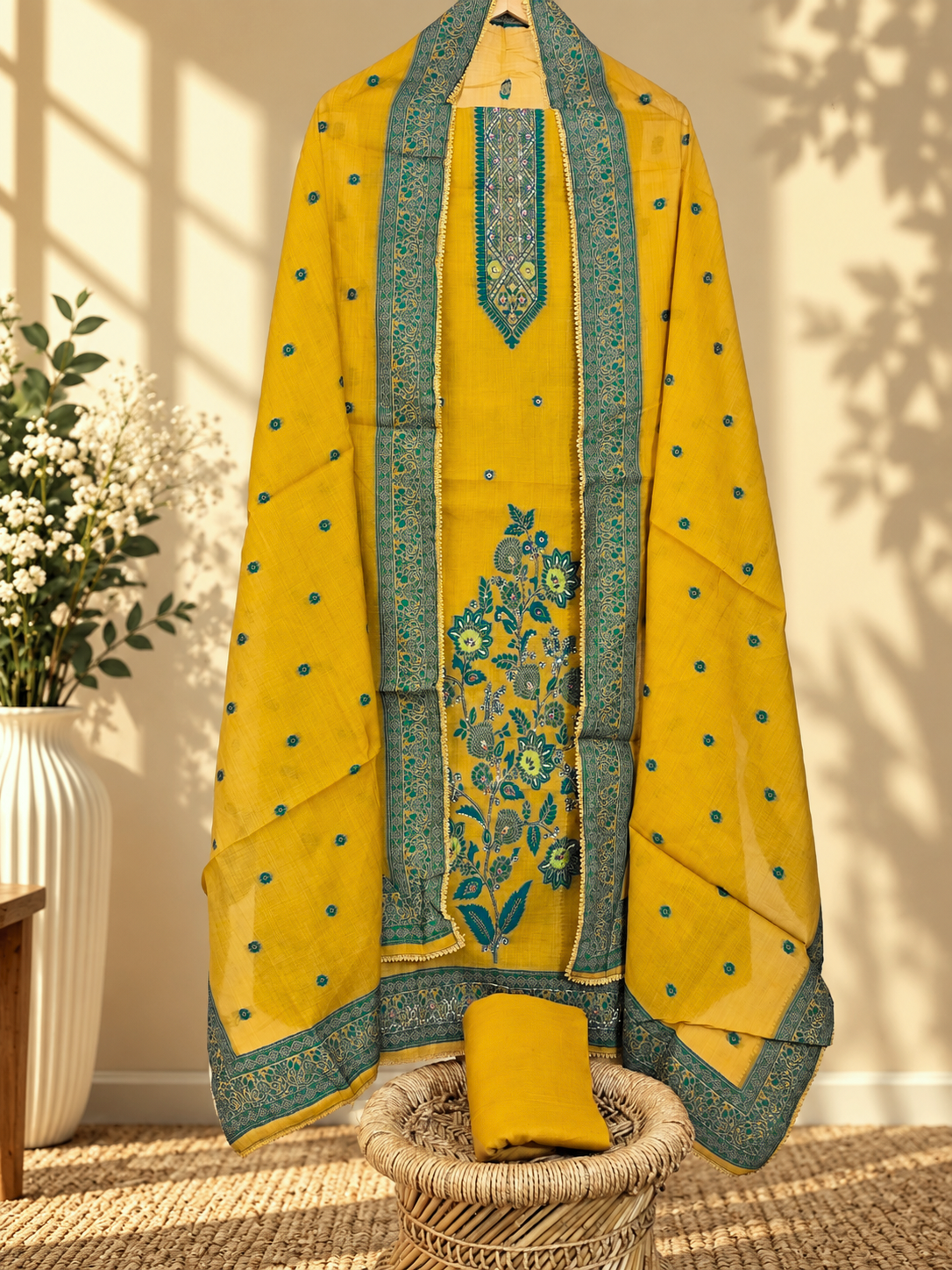 Semi Tussar Weaving Unstitched  Salwar Suit  - Yellow with Green