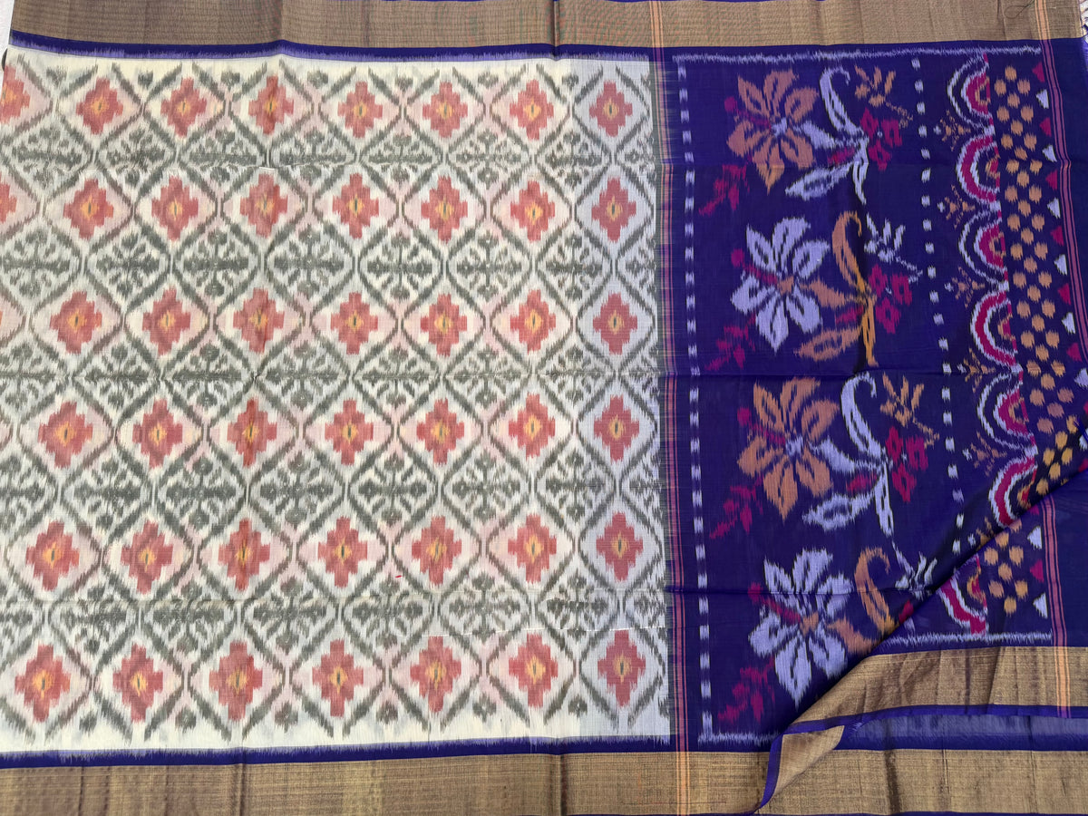 Cream with Blue Pochampally Ikkat Silk Cotton (SICO Pattu)