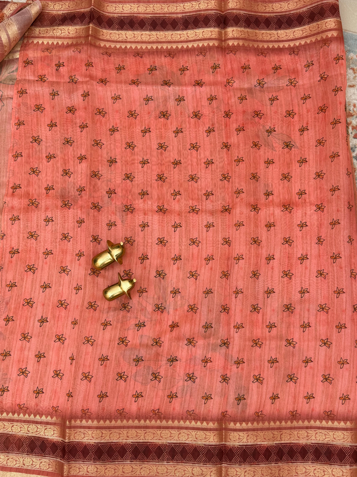 Unique Semi Tussar with Zari Border and Digital Prints - Peach